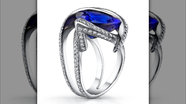 Platinum ring with blue tanzanite and white diamonds