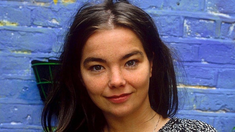 Bjork standing against a blue brick wall