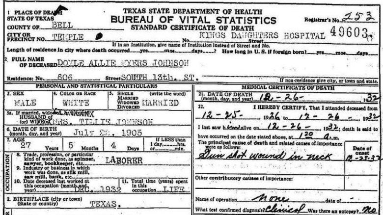 Death certificate of  Photo added by Lanny Medlin  Doyle Allie Myers Johnson