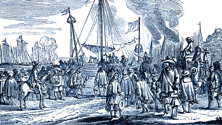 etching of ships in harbor with king and army