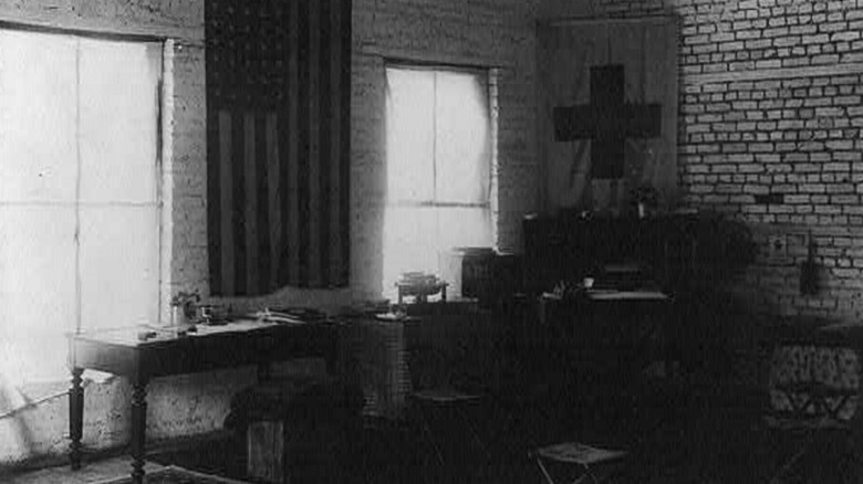 Cropped photo of Clara Barton's Red Cross headquarters in Johnstown, PA, in the aftermath of the flood, 1889