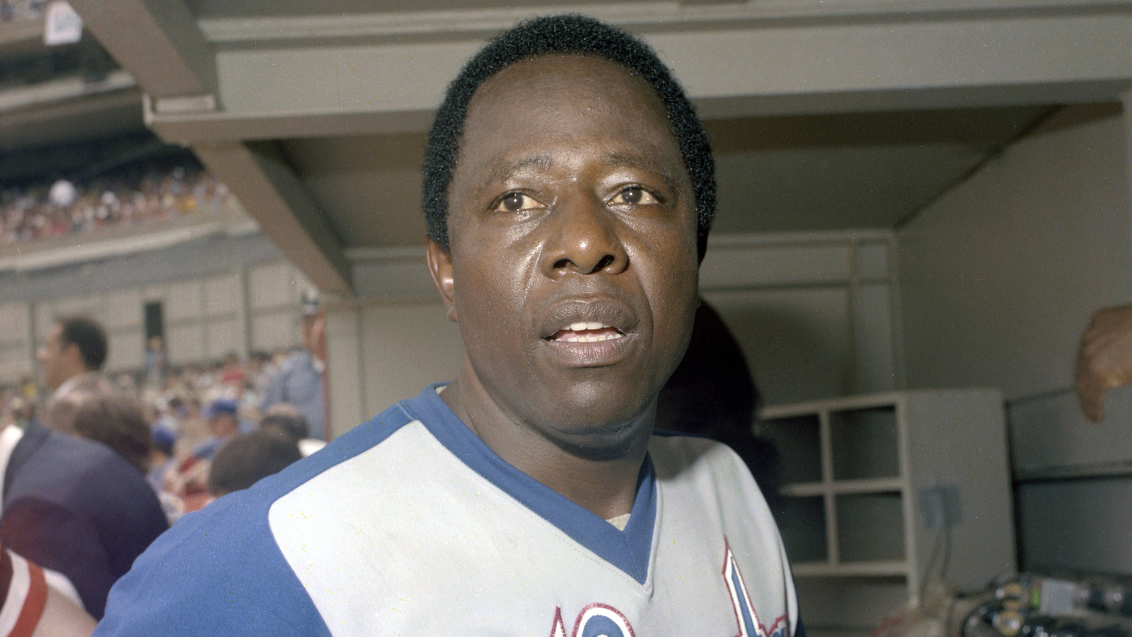 Hank Aaron of the Atlanta Braves is interviewed at Fulton County