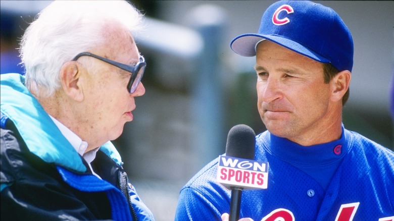 Harry Caray interviewing baseball player