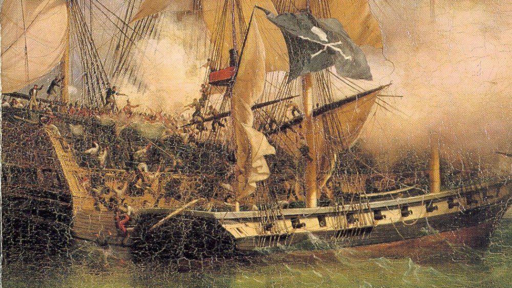 pirate ship attacking merchant ship