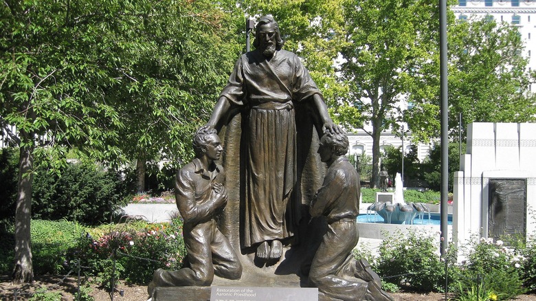 Religious statue at Mormon temple showing John the Baptist appearing to Joseph Smith and Oliver Cowdery