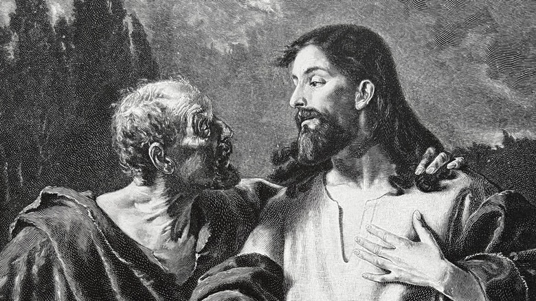 Judas looks at Jesus engraving