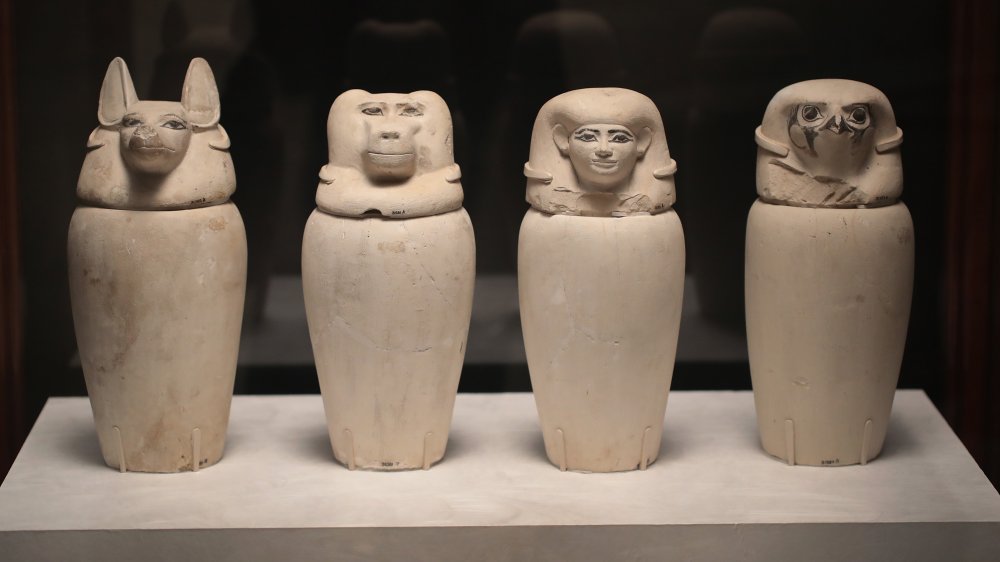 Canopic jars, used to hold the organs of mummies