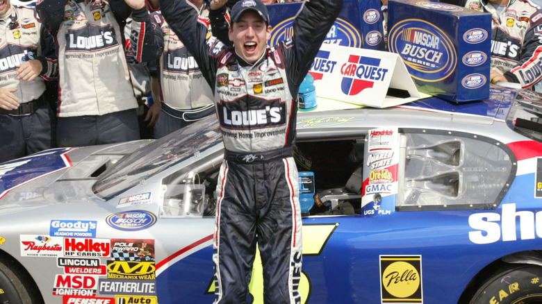 Kyle Busch celebrates a victory in 2004