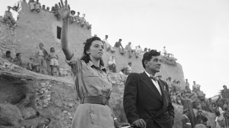 Leonard Bernstein in Israel suit bowtie outside