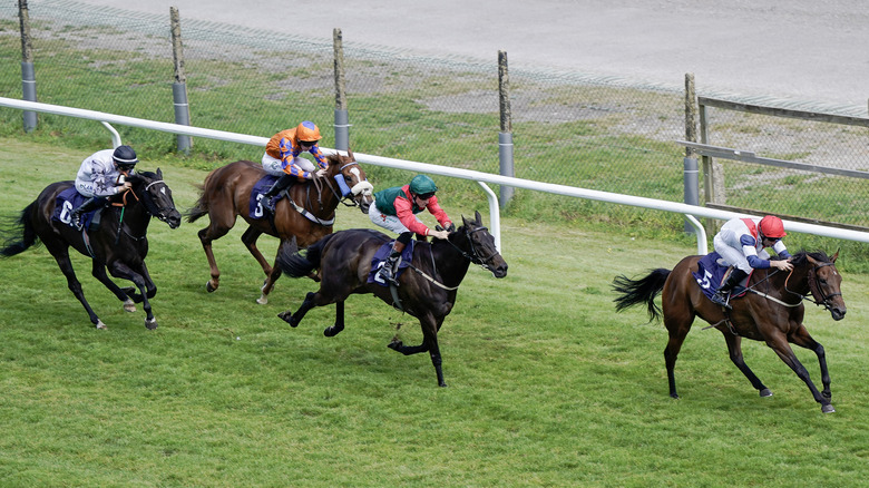 Horses race down the track