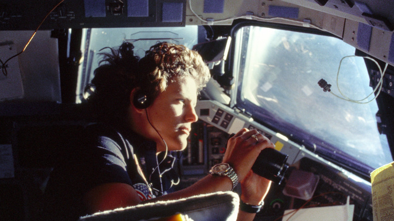 Kathy Sullivan by space shuttle window