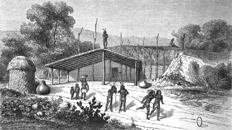 Black and white illustration of Mohave settlement, 1860