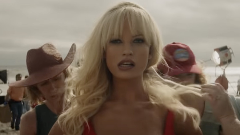 Lily James as Pamela Anderson on beach