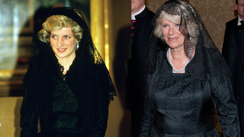 A composite of Princess Diana and Camilla Parker Bowles in black visiting the Pope