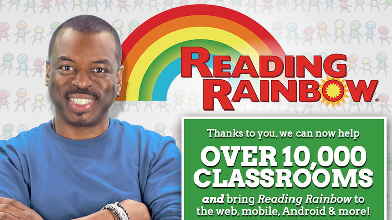 LeVar Burton with the Reading Rainbow logo and a green box with text