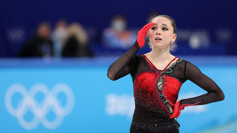 Kamila Valieva looks at scores
