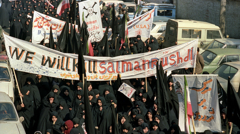 Protest march in Tehran against Salman Rushdie.