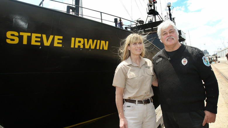 Steve Irwin's wife poses with boat