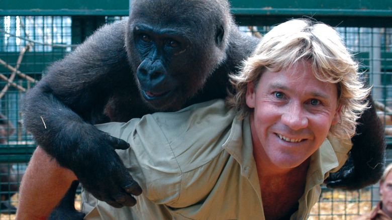 Steve Irwin piggybacks monkey