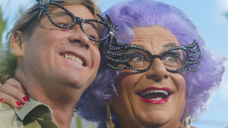 Steve Irwin smiling with Dame Edna Everage