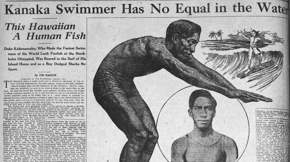 A newspaper page with an article and photos featuring Duke Kahanamoku.