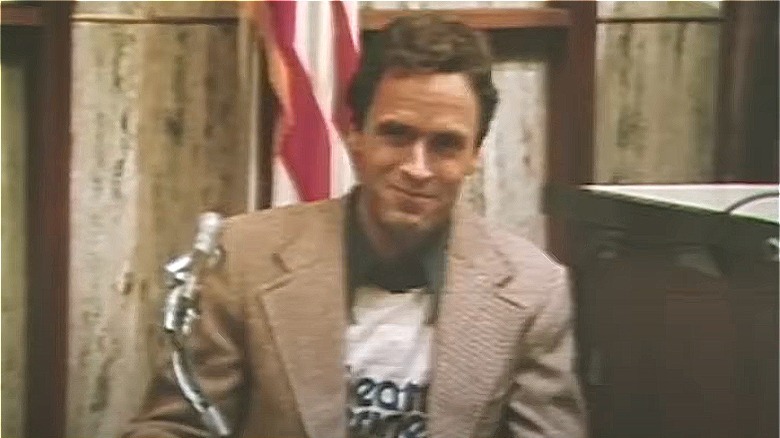 Ted Bundy smiling in court