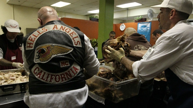 Hells Angels member at a food kitchen