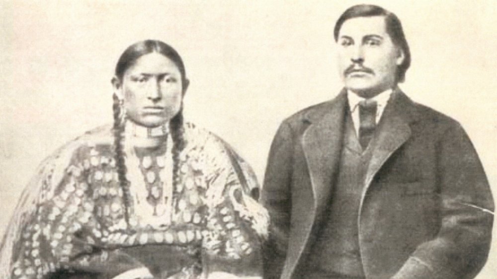 George Bent and Magpie present their wedding attire to the camera in 1867. A survivor of the Sand Creek Massacre, Bent married Magpie and continued to translate for peace chiefs and Indian Agents of the Cheyenne.