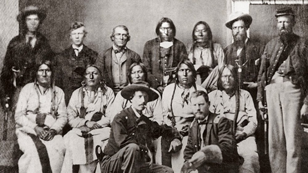 Arapaho and Cheyenne leaders meeting with U.S. military at Camp Weld, Colorado, 1864. This picture was taken about two months before the Sand Creek Massacre