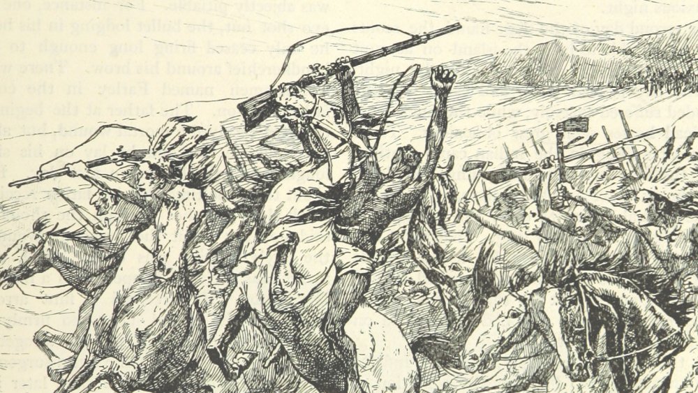 An illustration showing Roman Nose's death at the Battle of Beecher Island