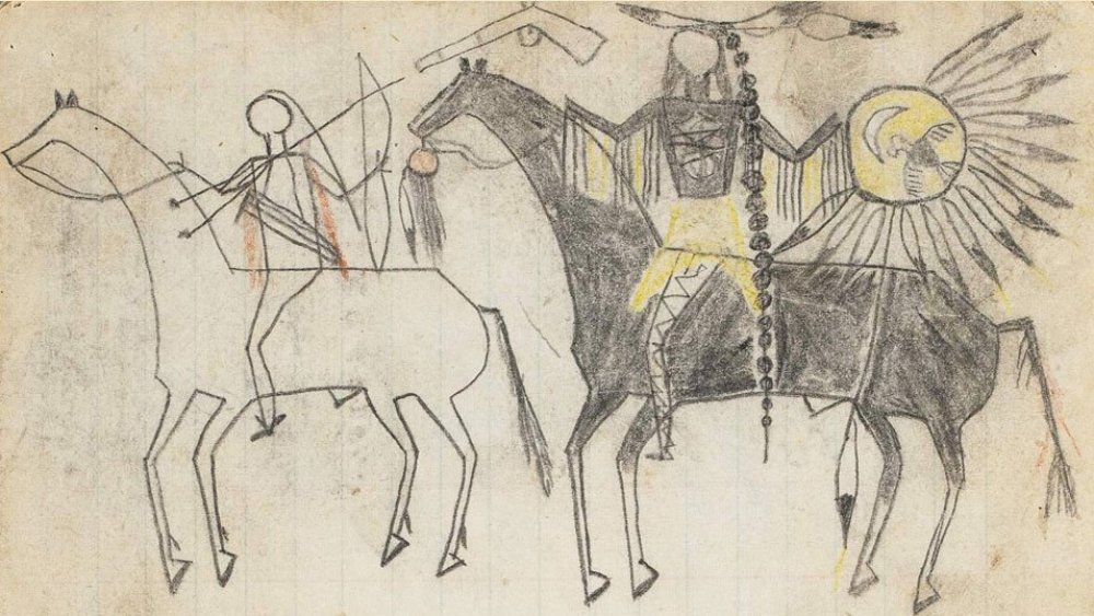 Cheyenne ledger book of pictographic drawing, from the The Bowstring Warrior Society Ledger