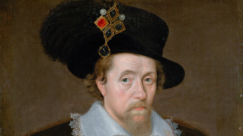 Portrait of James VI and I with the "Mirror of Great Britain" jewel in his hat.