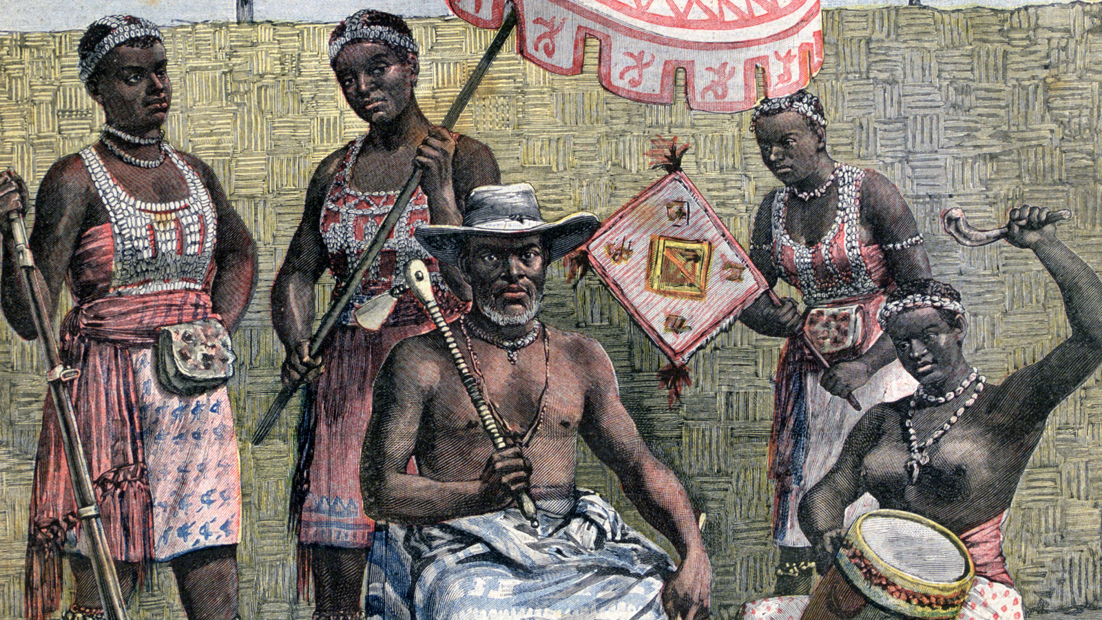  An illustration of King Ghezo of the Dahomey Kingdom, a 19th-century West African kingdom, is shown with some members of his court.