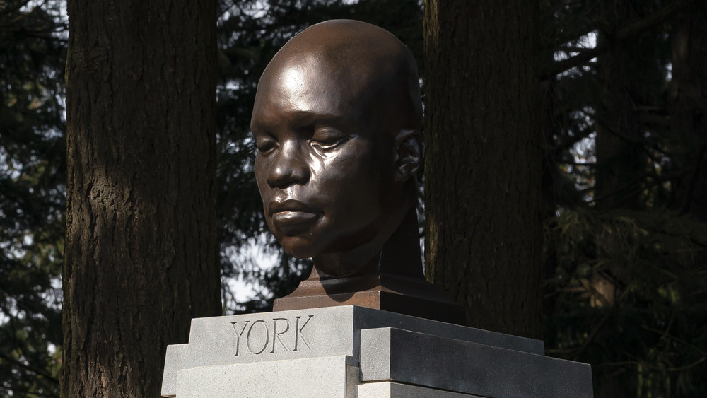  A statue of York, the only Black member of the Lewis and Clark Corps of Discovery, stands in Mt. Tabor Park where it was mysteriously erected last week on March 1, 2021 in Portland, Oregon.