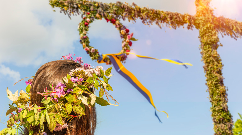 maypole and flower wreath Swedish midsummer