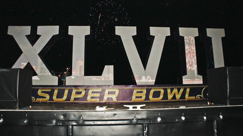 Super Bowl Roman numerals XLVII on sign