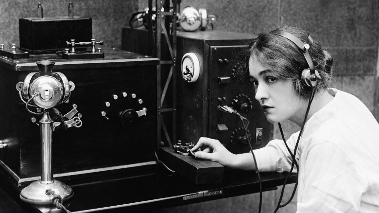 Woman sending a telegraph black and white