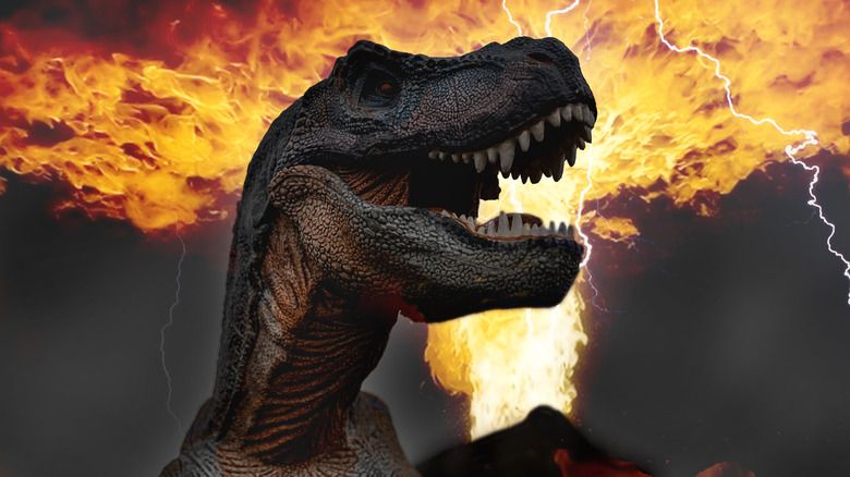 volcanic eruption behind tyrannosaurus rex