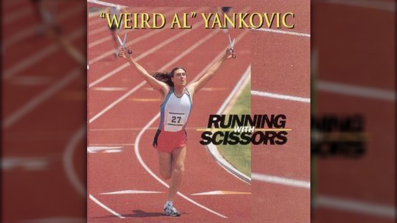 This album cover of Running with Scissors shows Weird Al Yankovic on a running track with number 27 on shirt.