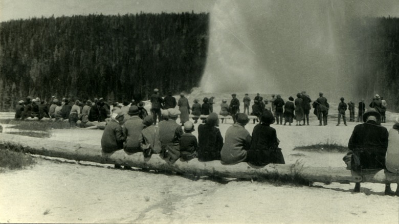 tourists watch Old faithful