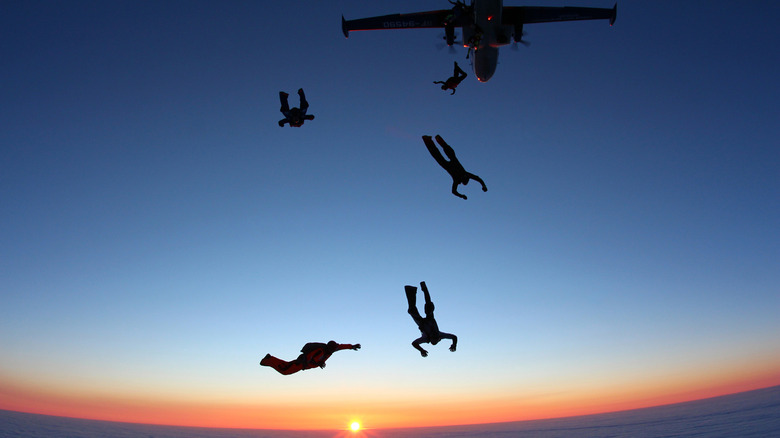 people jumping off plane