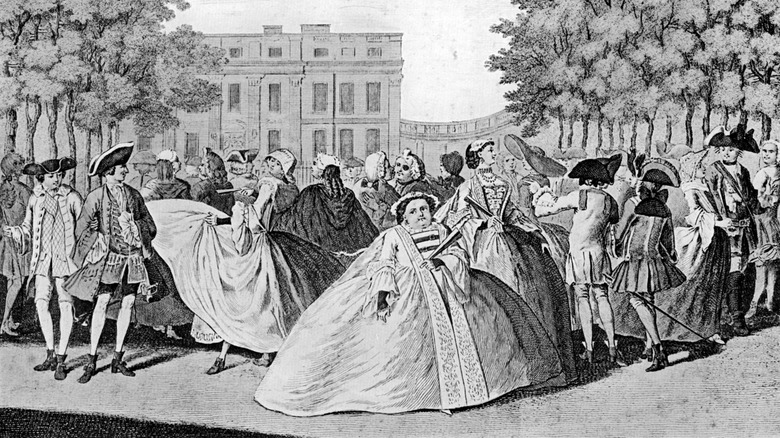 Illustration of a victorian crowd including woman in wide crinoline
