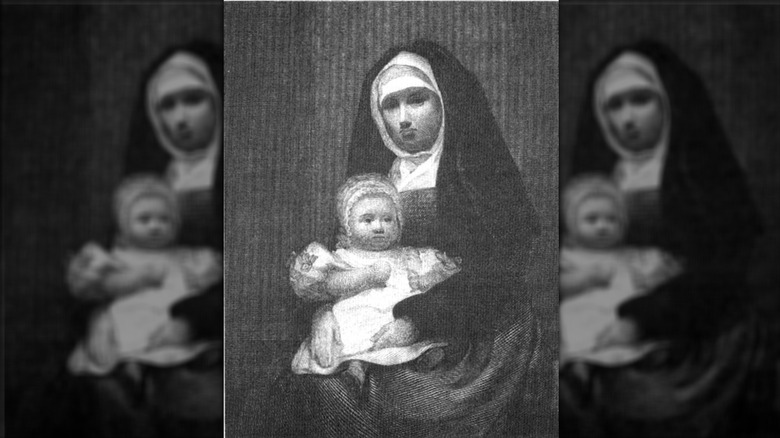 Fictionalized engraving of Maria Monk in a nun's habit holding a baby.