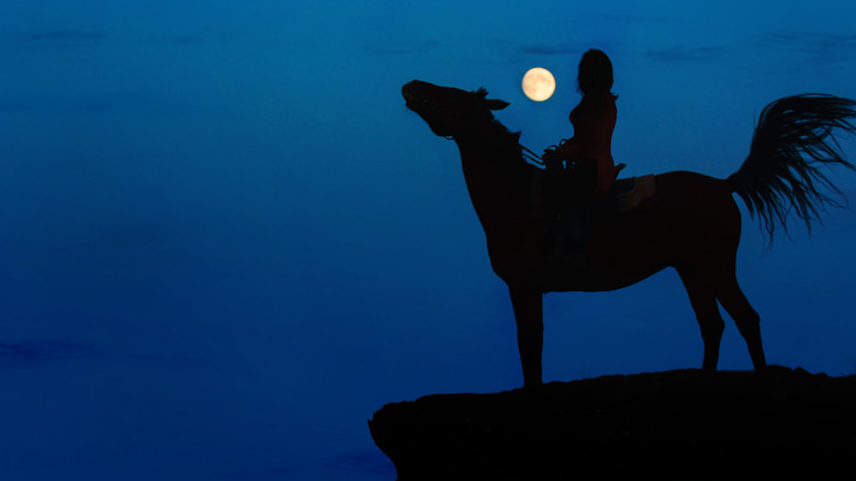 black horse rider silhouette full moon