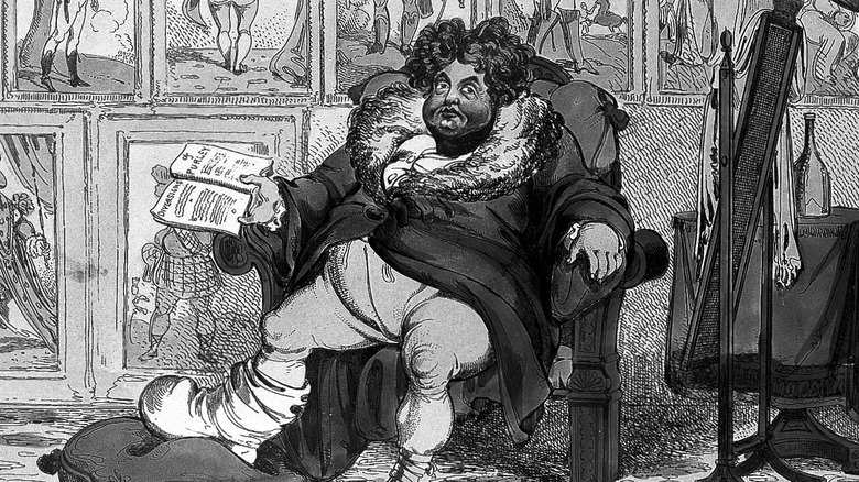 Caricature drawing of King George IV overweight and with bandaged foot