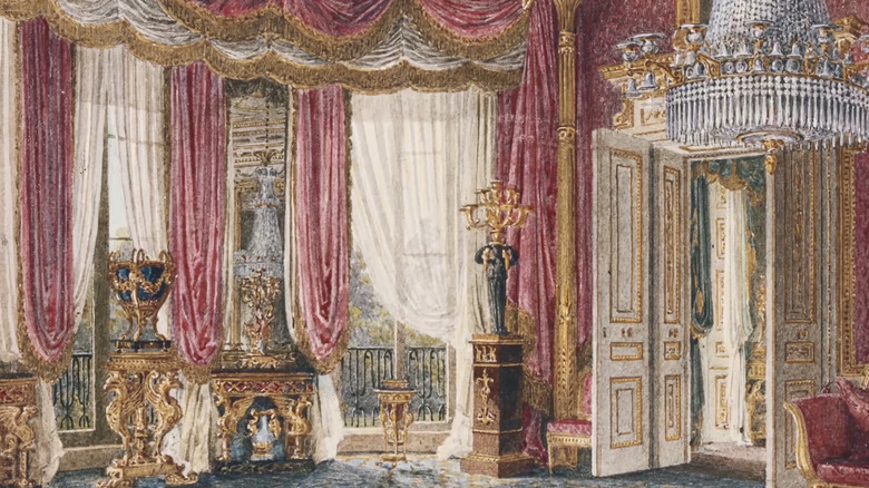 Artist rendition of room covered in rose satin at Carlton House, UK circa 1800s