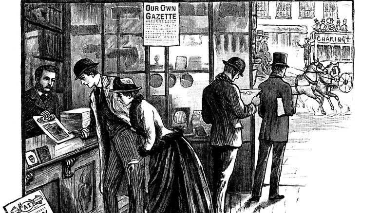 Illustration of 19th century newspaper stand