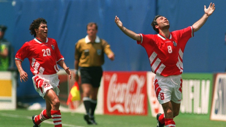 Hristo Stoichkov celebrates scoring against Germany at the World Cup