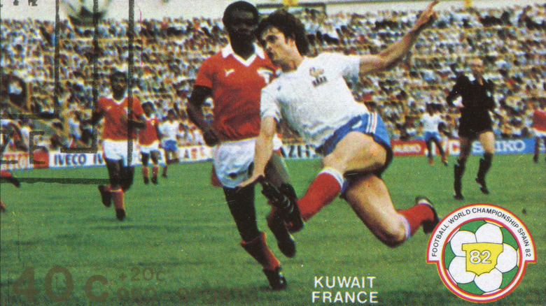 Commemorative stamp of Kuwait-France World Cup match, 1982