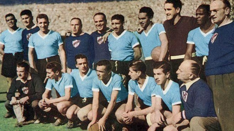 Alcides Ghiggia and Uruguay team photo, 1950